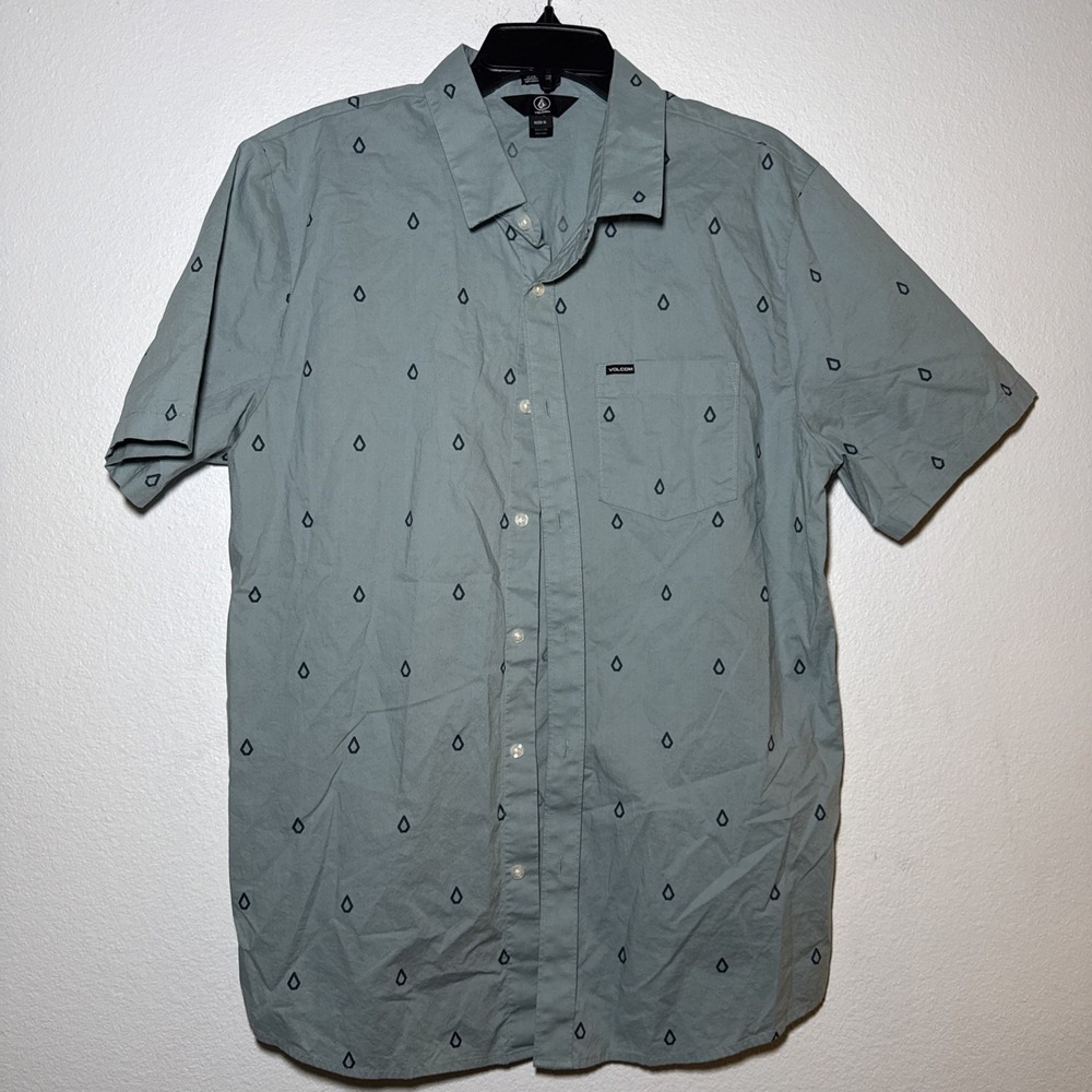 Volcom Men's Button Down Short Sleeve Blue Shirt, XL